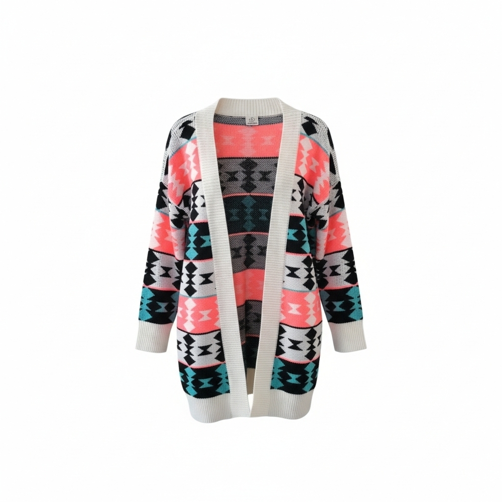 Open-Front Aztec Knit Cardigan - Coral, Teal & Black